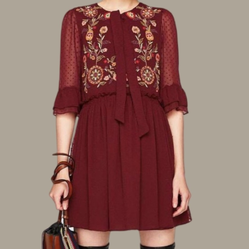 Zara Floral Embroidered Boho Maroon Dress | Fall Dresswear | Knee-Length Sz 8
